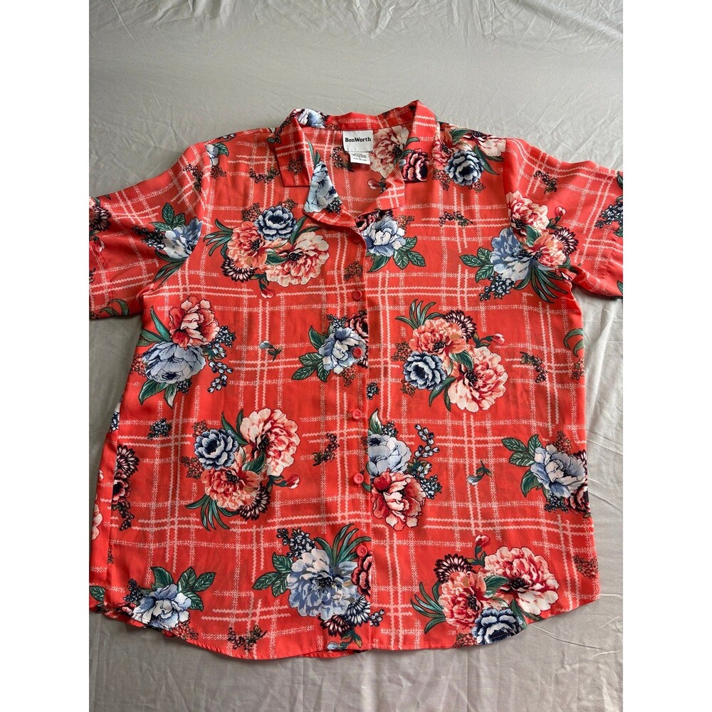 Bon Worth Women’s Orange Floral Button Up Hawaiian Style Blouse Top Size large